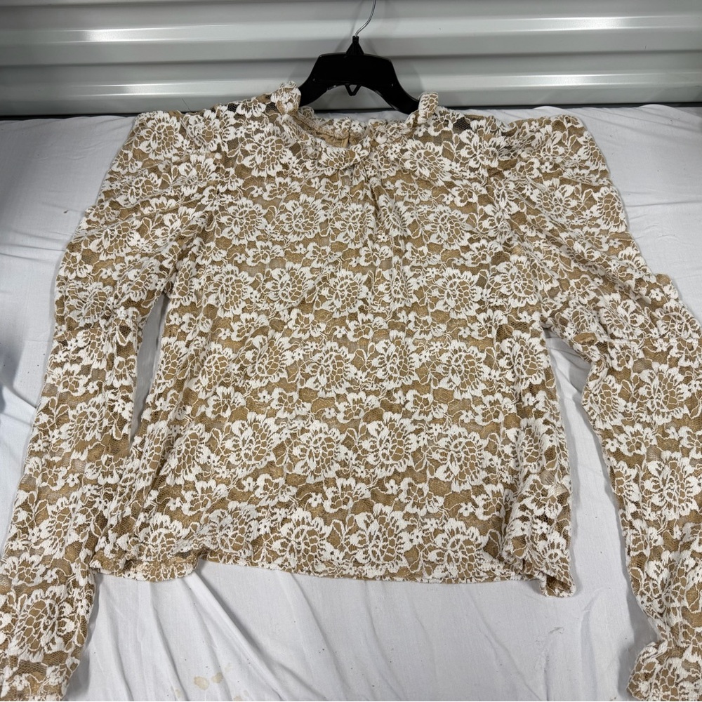 Dolan Lace Floral Blouse - White and Tan 1X boho chic